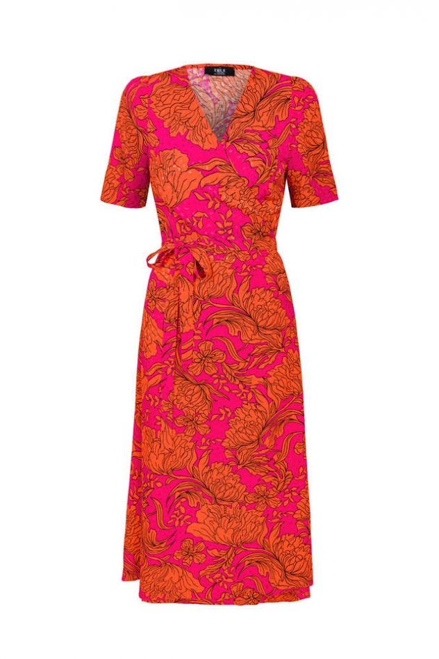Wiskozowa sukienka kopertowa dłuższa w pomarańczowo różowe kwiaty